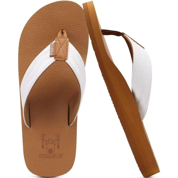 👑Men's Flip Flop Sandal Khaki White Leather Slip On Arch Support Comfort Shoes